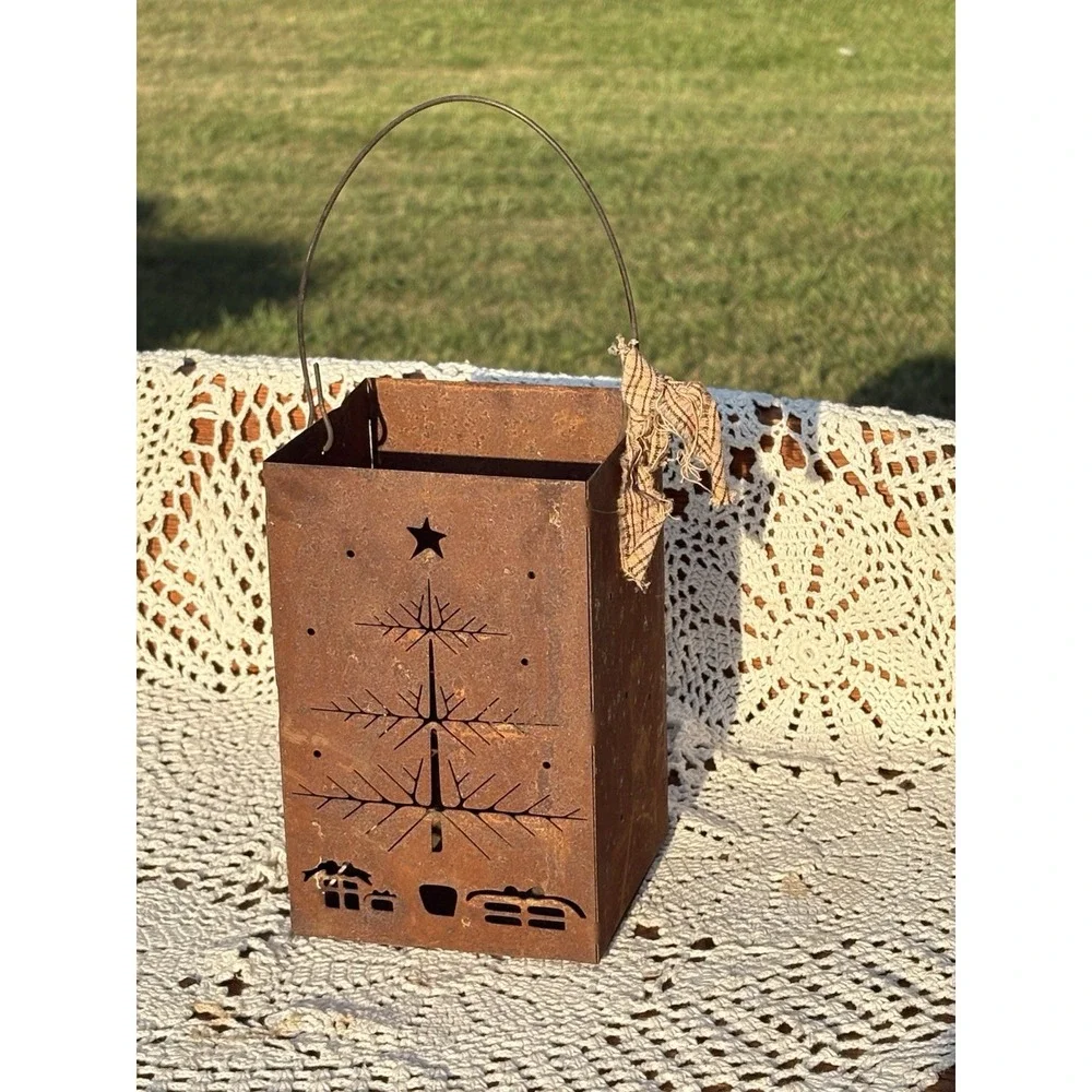 Metal Rust Patina Candle Luminara Christmas Tree Country Farmhouse Decor
